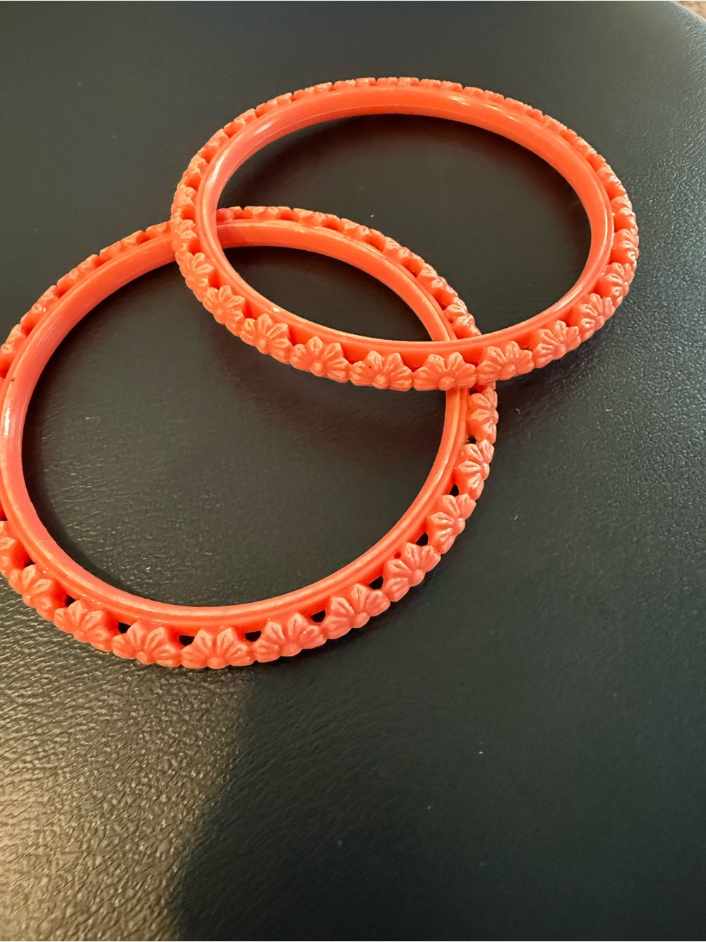 Vintage Salmon Carved Celluloid Bangles (2)